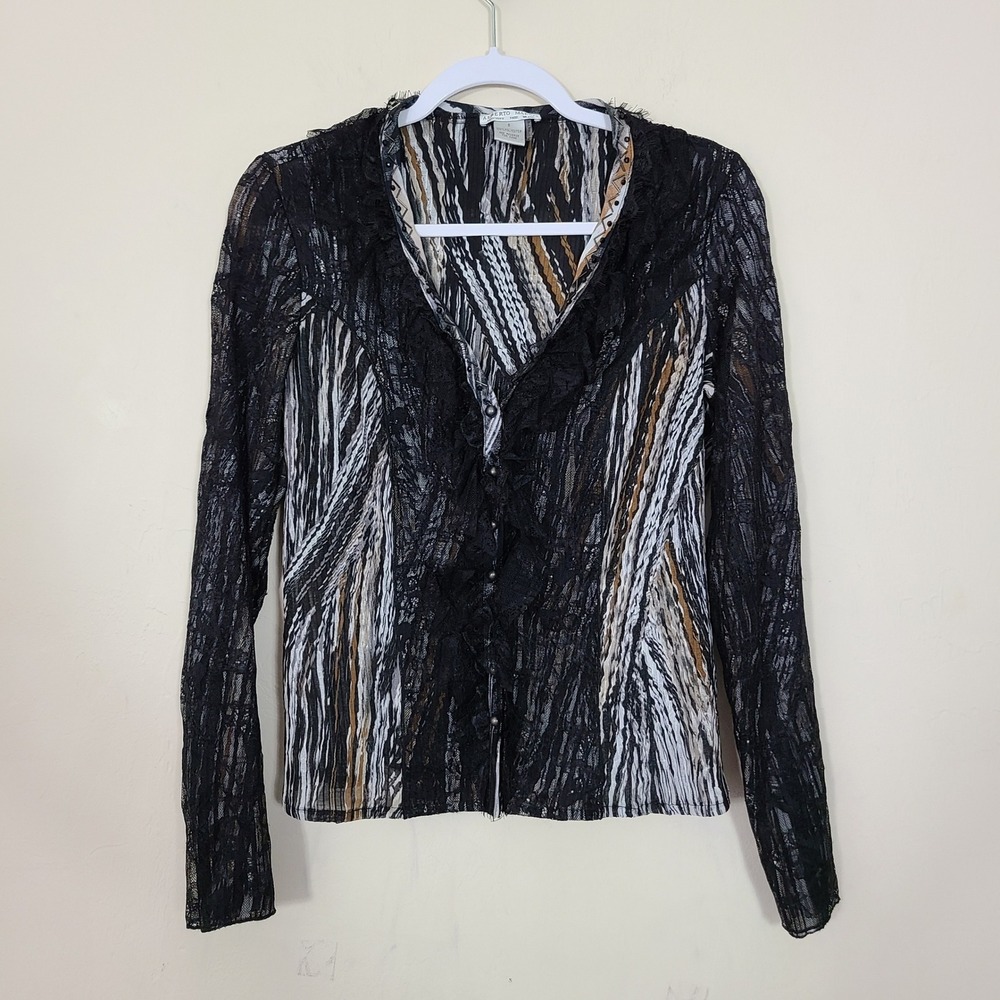 Alberto Makali Black White and Brown Sheer Ruffle-Front Blouse